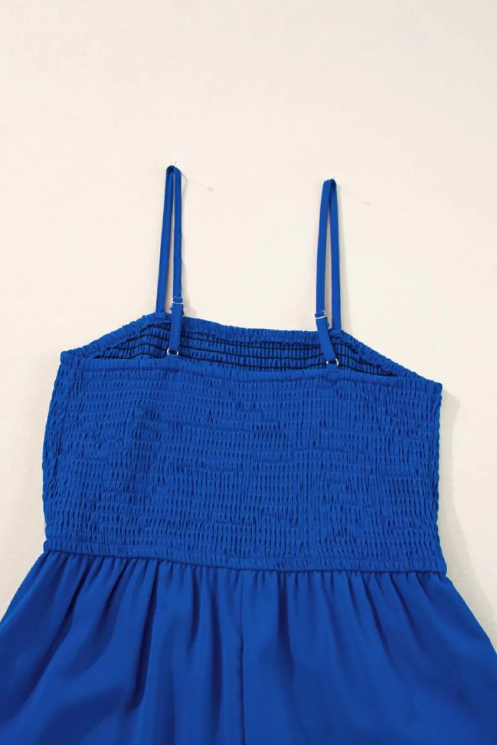 Online Dear-Lover Spaghetti Straps Smocked Ruffled Wide Leg Jumpsuit Navy Blue