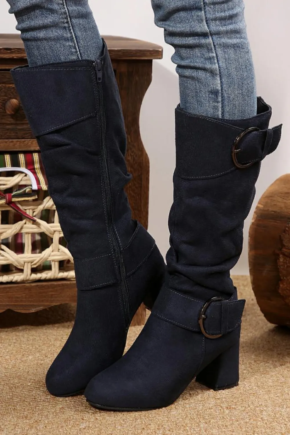 Best Dear-Lover Suede Double Buckled Side Zipped Mid-calf Boots Navy Blue