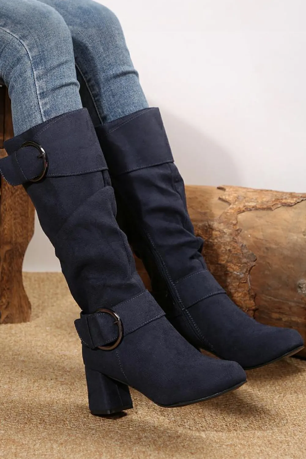 Best Dear-Lover Suede Double Buckled Side Zipped Mid-calf Boots Navy Blue