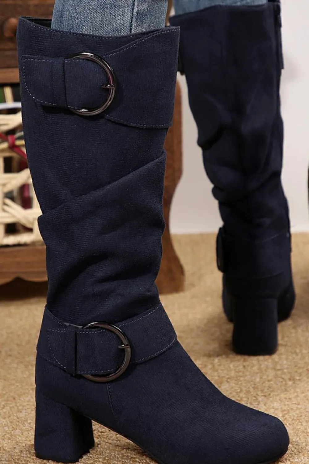 Best Dear-Lover Suede Double Buckled Side Zipped Mid-calf Boots Navy Blue