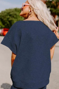 Online Dear-Lover Textured Loose Fit T Shirt and Drawstring Pants Set Navy Blue