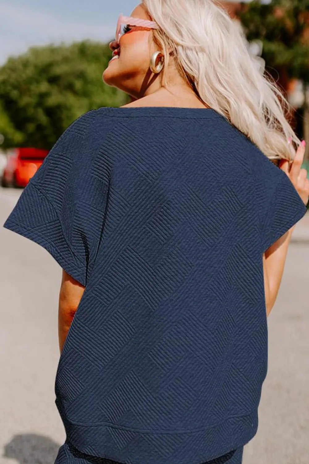 Online Dear-Lover Textured Loose Fit T Shirt and Drawstring Pants Set Navy Blue