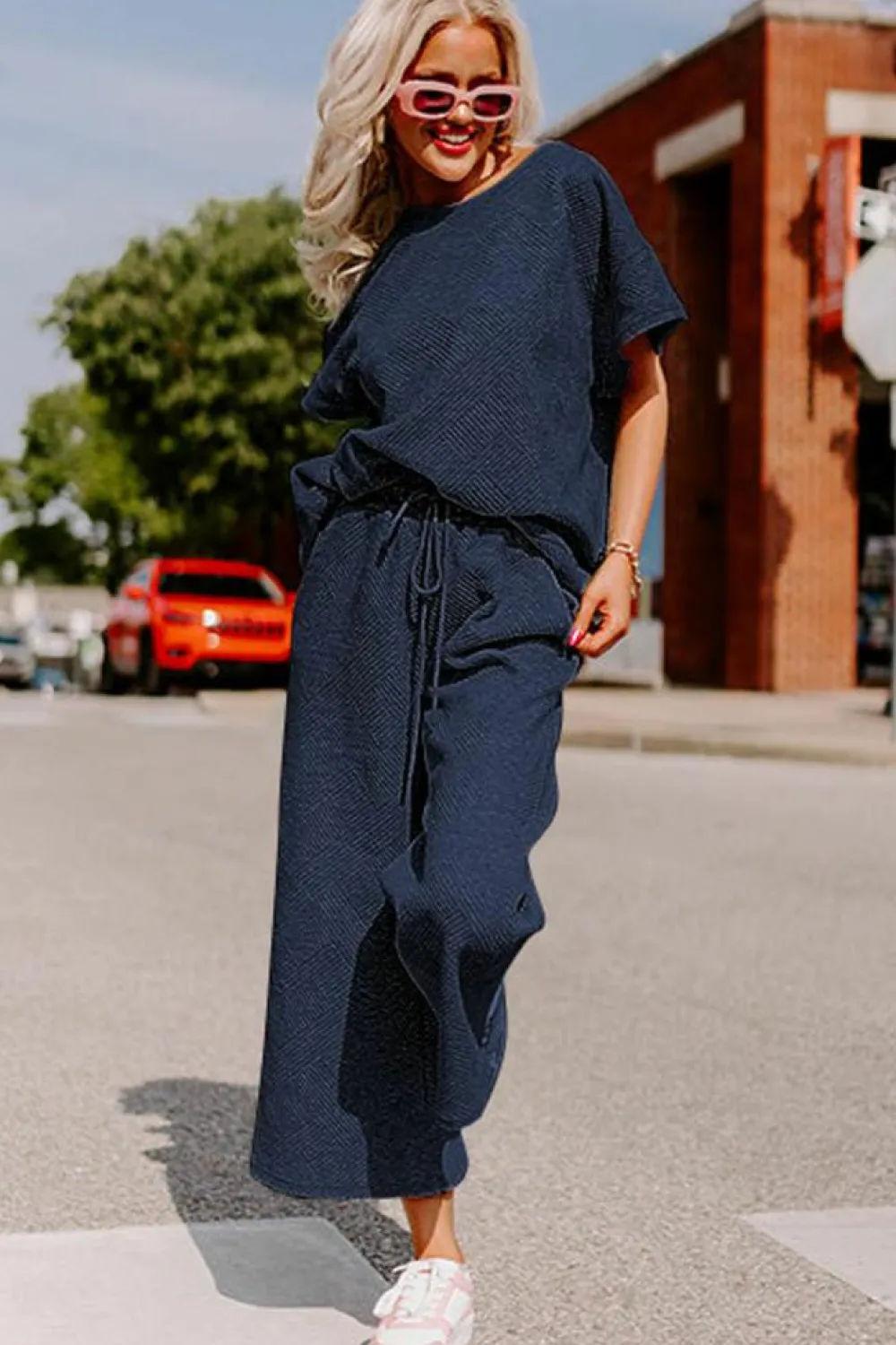 Online Dear-Lover Textured Loose Fit T Shirt and Drawstring Pants Set Navy Blue