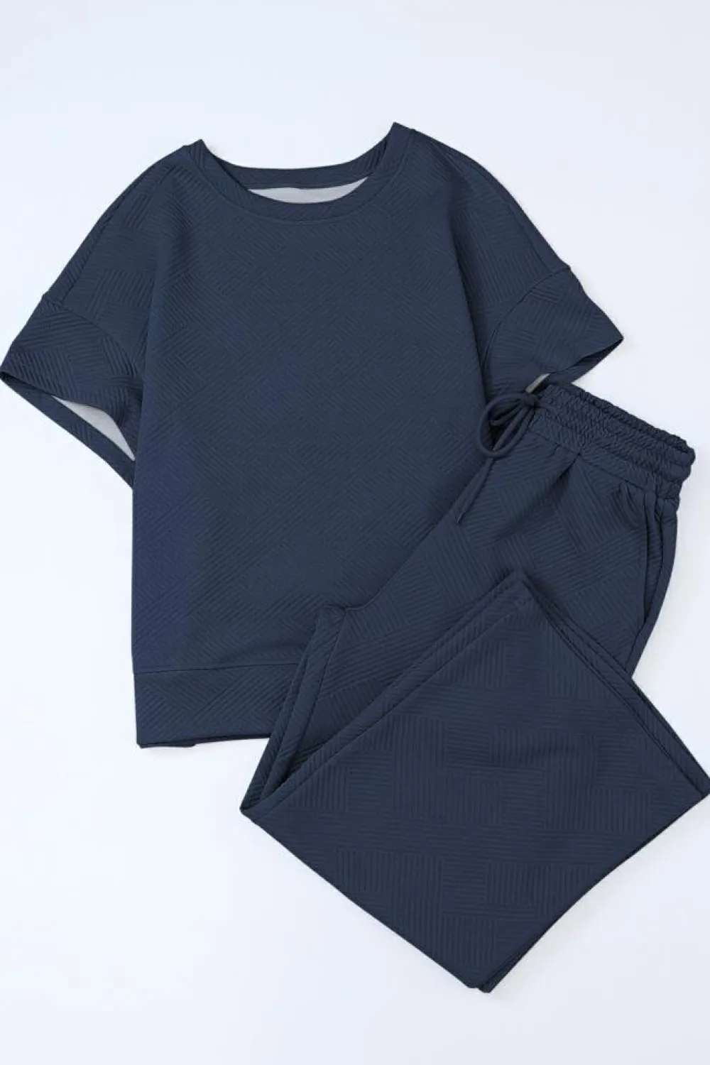 Online Dear-Lover Textured Loose Fit T Shirt and Drawstring Pants Set Navy Blue