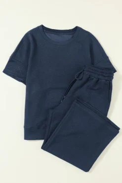 Online Dear-Lover Textured Loose Fit T Shirt and Drawstring Pants Set Navy Blue