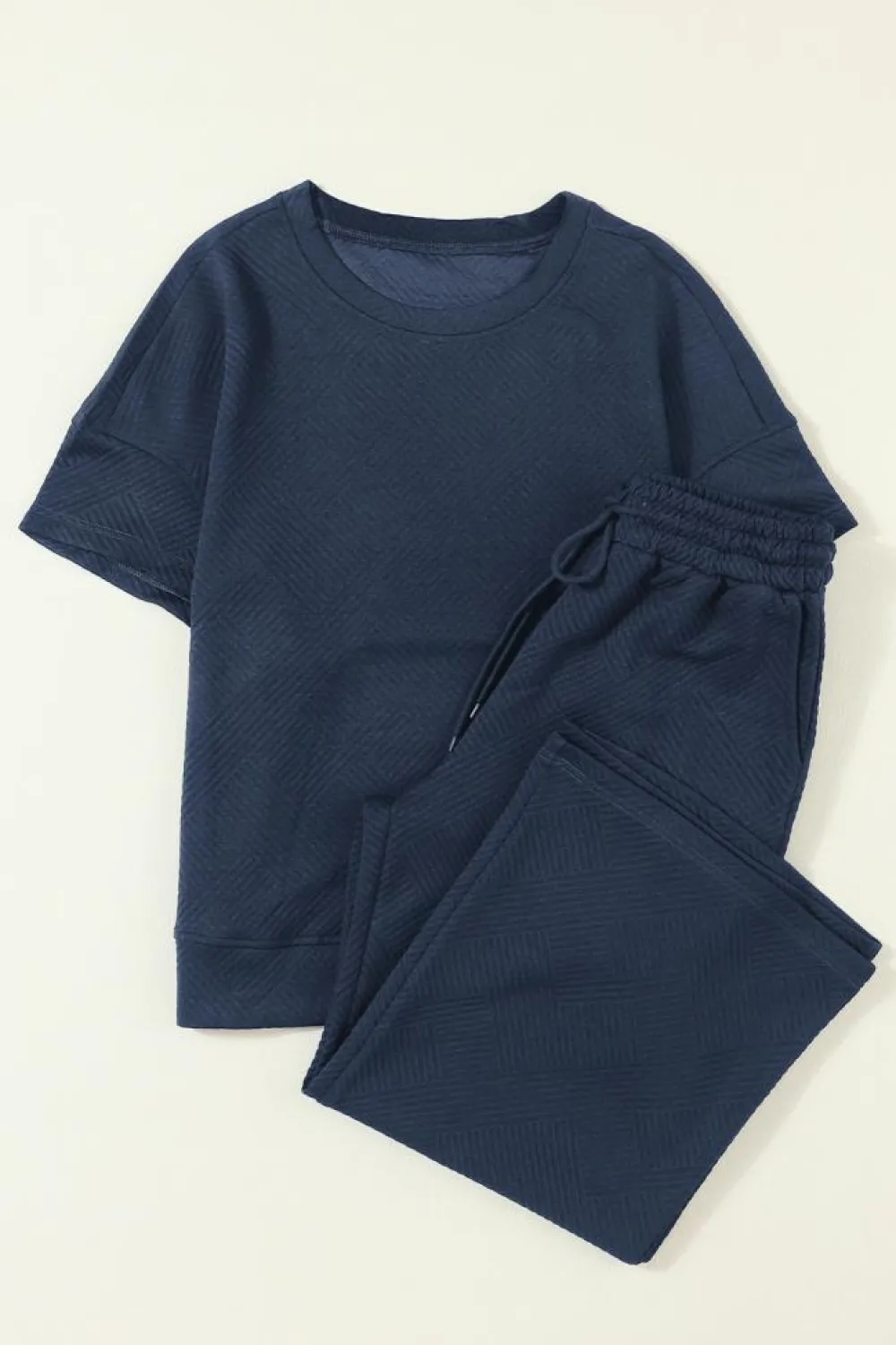 Online Dear-Lover Textured Loose Fit T Shirt and Drawstring Pants Set Navy Blue