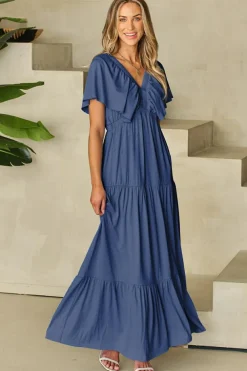 Clearance Dear-Lover Textured V Neck Flutter Sleeve Ruffled Maxi Dress Navy Blue