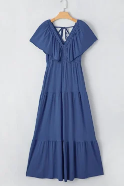 Clearance Dear-Lover Textured V Neck Flutter Sleeve Ruffled Maxi Dress Navy Blue