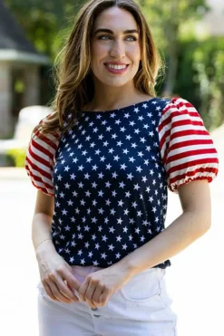 New Dear-Lover 4th Of July Stars Stripes Puff Sleeve T Shirt Navy Blue