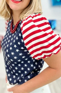 New Dear-Lover 4th Of July Stars Stripes Puff Sleeve T Shirt Navy Blue