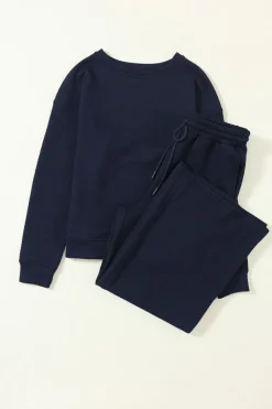 Hot Dear-Lover Ultra Loose Textured 2pcs Slouchy Outfit Navy Blue