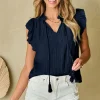 Best Dear-Lover V Neck Flutter Sleeve Textured Blouse Navy Blue