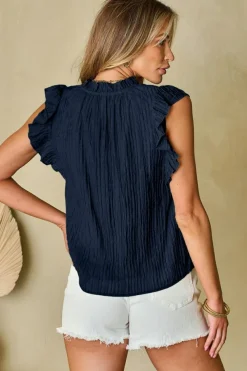 Best Dear-Lover V Neck Flutter Sleeve Textured Blouse Navy Blue