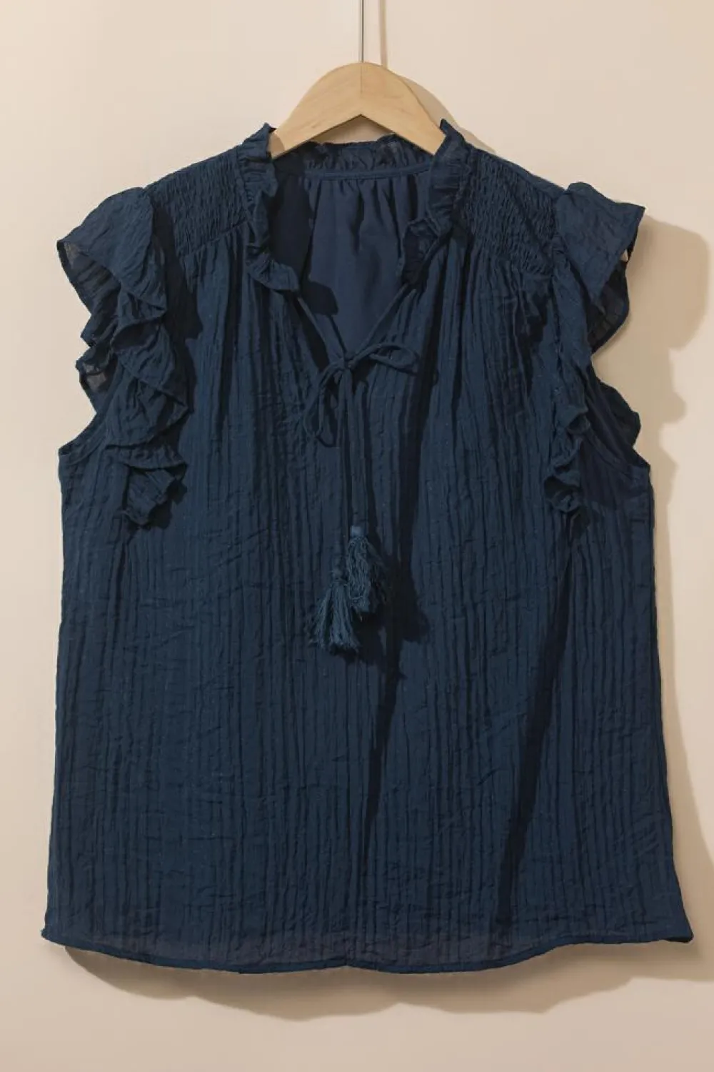 Best Dear-Lover V Neck Flutter Sleeve Textured Blouse Navy Blue