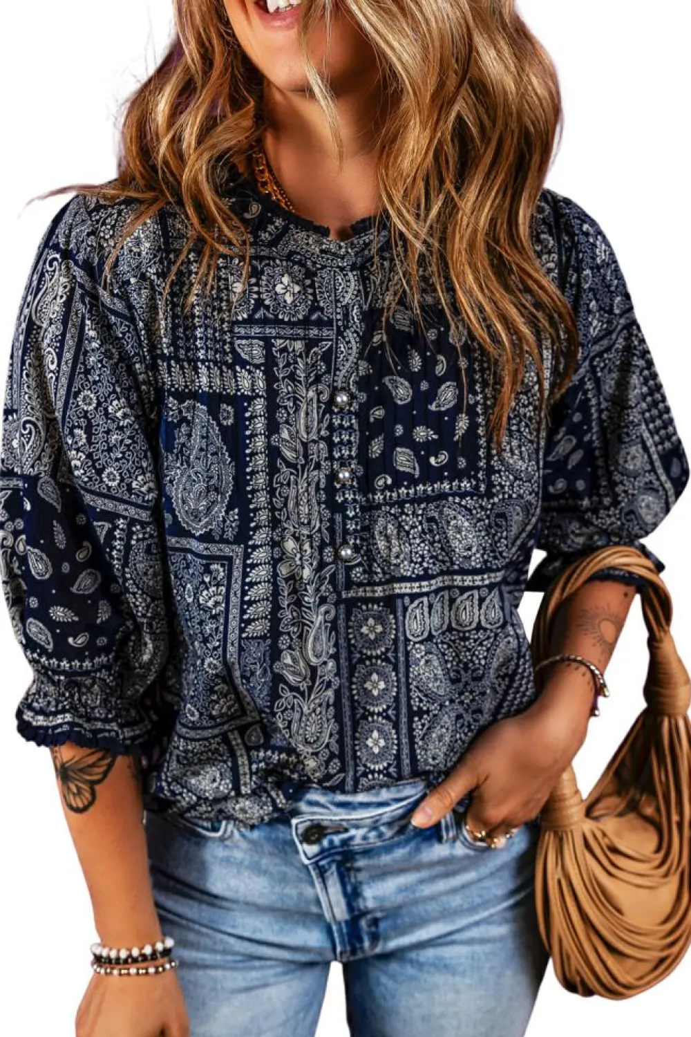 Clearance Dear-Lover Vintage Boho Paisley Print 3/4 Sleeve Blouse Navy Blue
