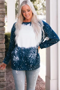 Clearance Dear-Lover Navy Tie-dyed Crew Neck Pullover Sweatshirt Blue