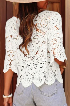 Best Dear-Lover Bohemian Macrame Lace Crochet Half Sleeve Blouse Oatmeal