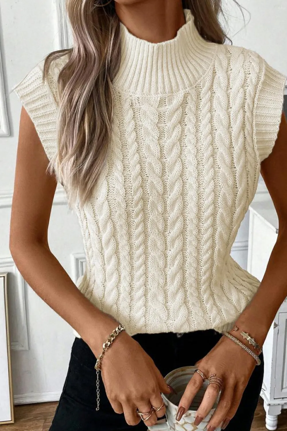 Outlet Dear-Lover Cable Knit High Neck Sweater Vest Oatmeal