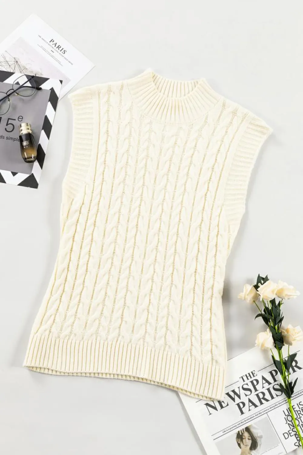 Outlet Dear-Lover Cable Knit High Neck Sweater Vest Oatmeal