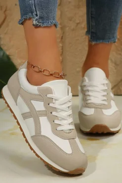 Discount Dear-Lover Color Block Lace-up PU Leather Sneakers Oatmeal