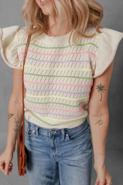 Fashion Dear-Lover Colorful Striped Eyelet Knit Ruffled Sleeve Sweater T Shirt Oatmeal