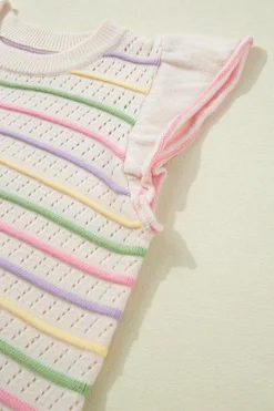 Fashion Dear-Lover Colorful Striped Eyelet Knit Ruffled Sleeve Sweater T Shirt Oatmeal