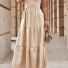 Online Dear-Lover Crossover Backless Bodice Tiered Maxi Dress Oatmeal