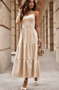 Online Dear-Lover Crossover Backless Bodice Tiered Maxi Dress Oatmeal