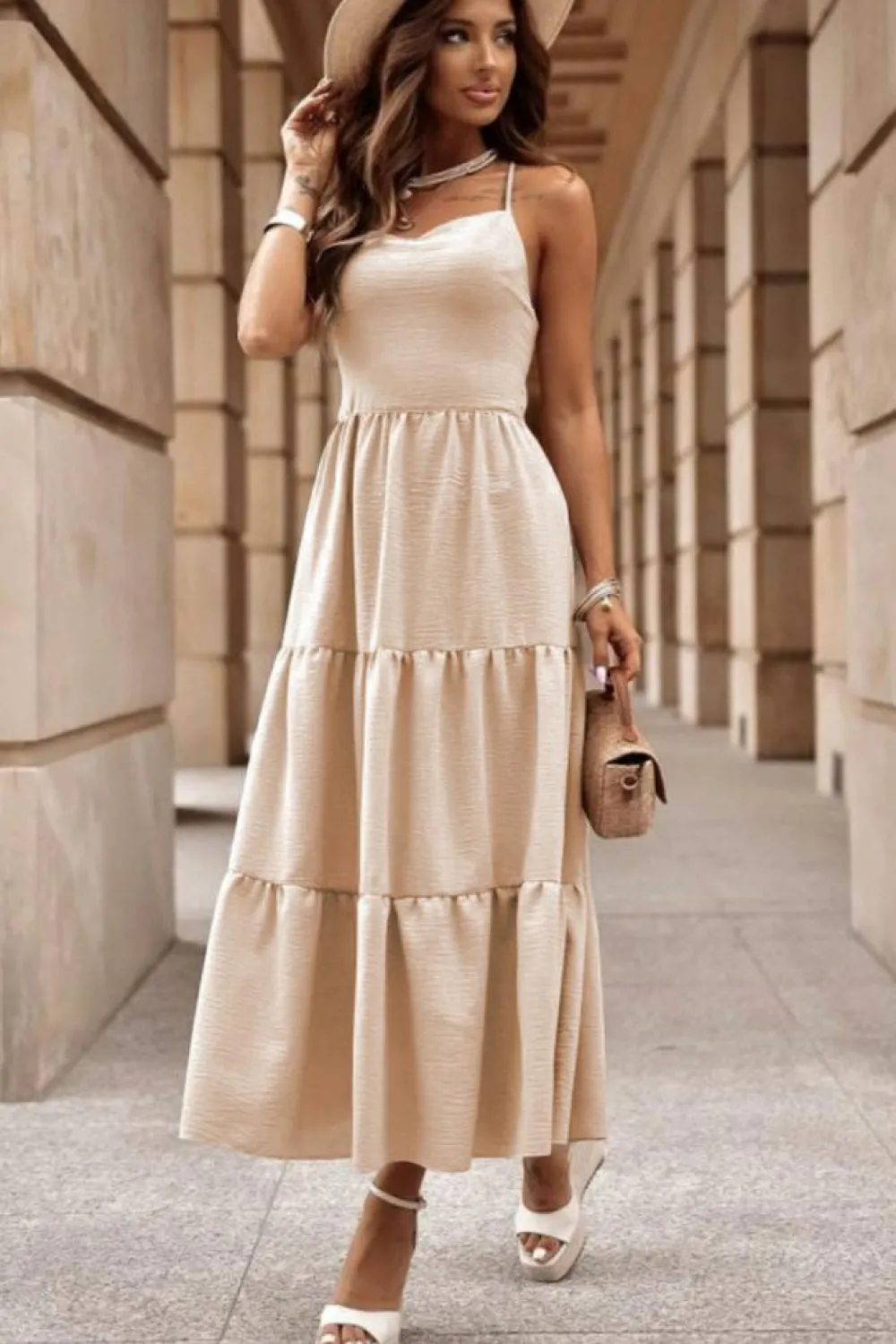Online Dear-Lover Crossover Backless Bodice Tiered Maxi Dress Oatmeal