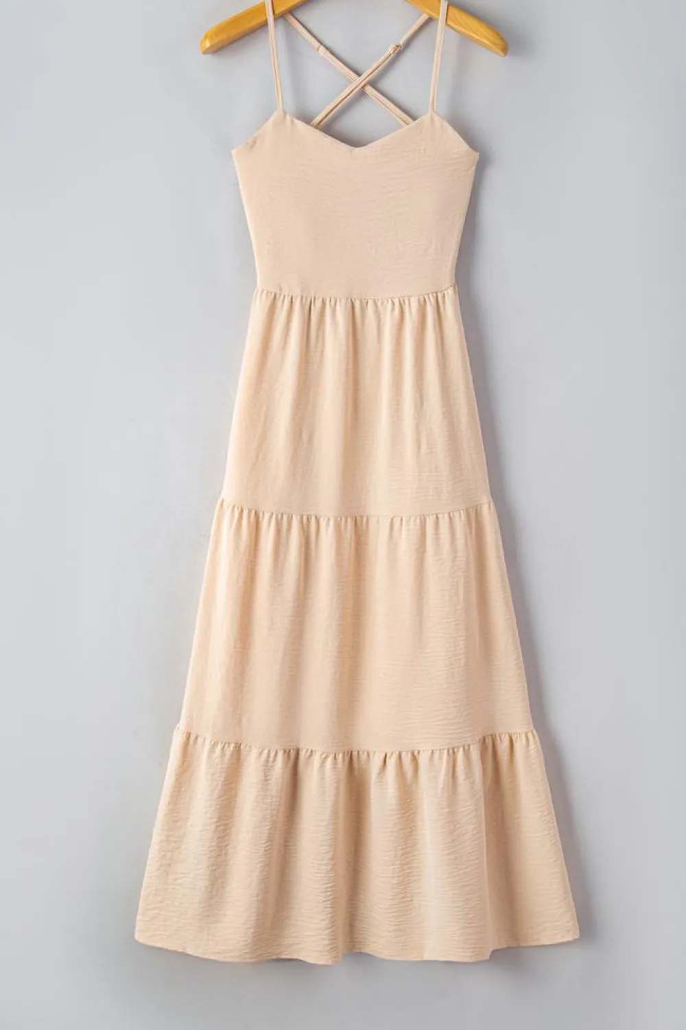 Online Dear-Lover Crossover Backless Bodice Tiered Maxi Dress Oatmeal