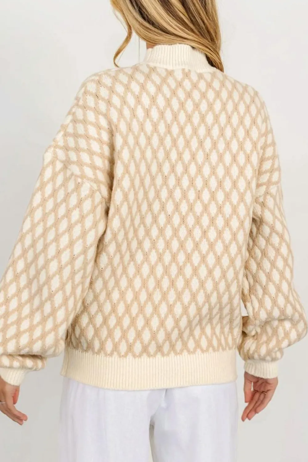 Hot Dear-Lover Diamond Knit Drop Shoulder Loose Sweater Oatmeal