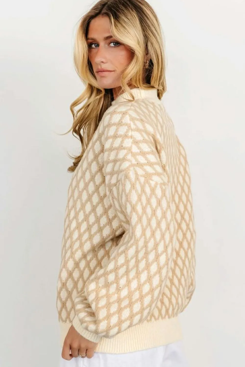 Hot Dear-Lover Diamond Knit Drop Shoulder Loose Sweater Oatmeal