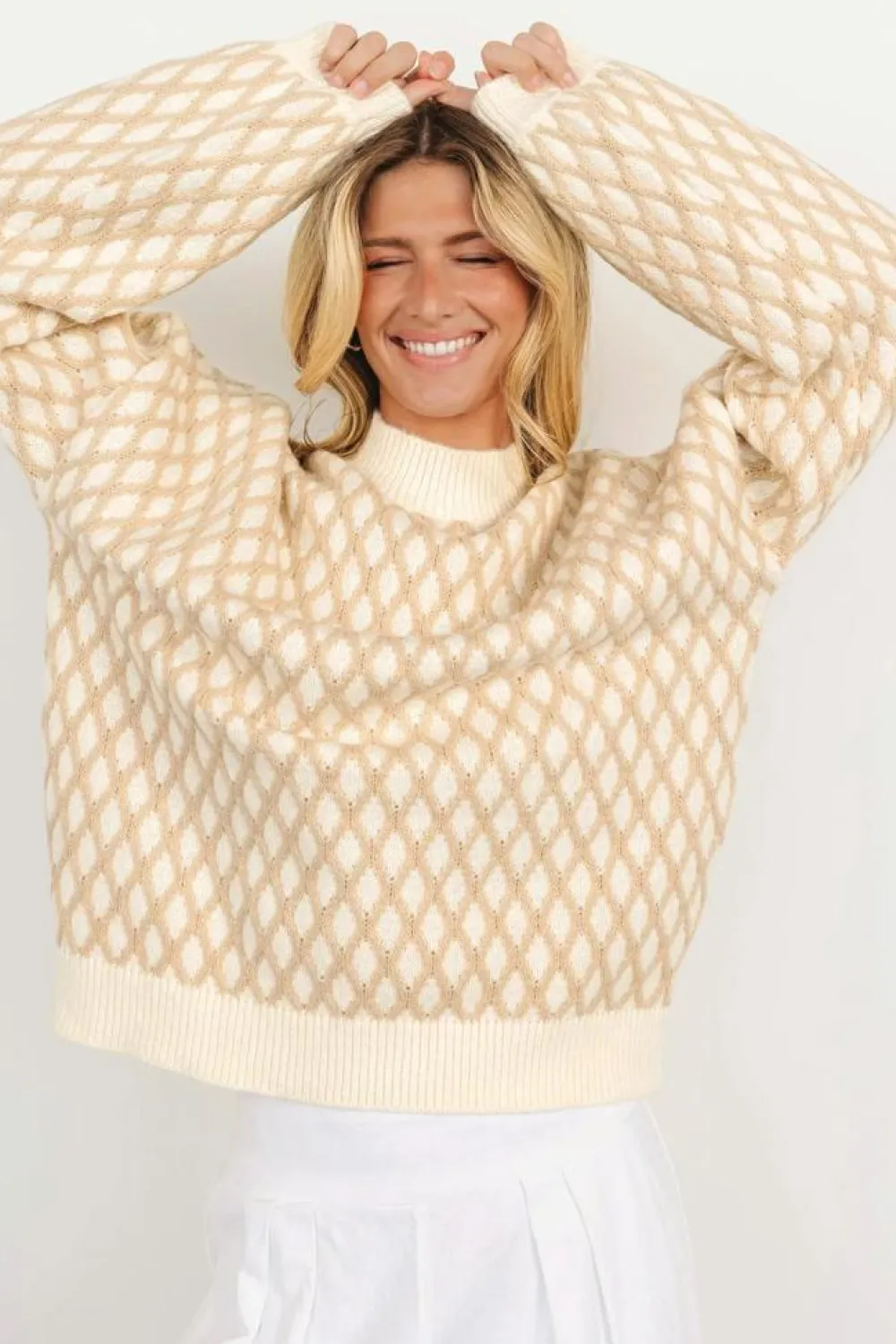 Hot Dear-Lover Diamond Knit Drop Shoulder Loose Sweater Oatmeal