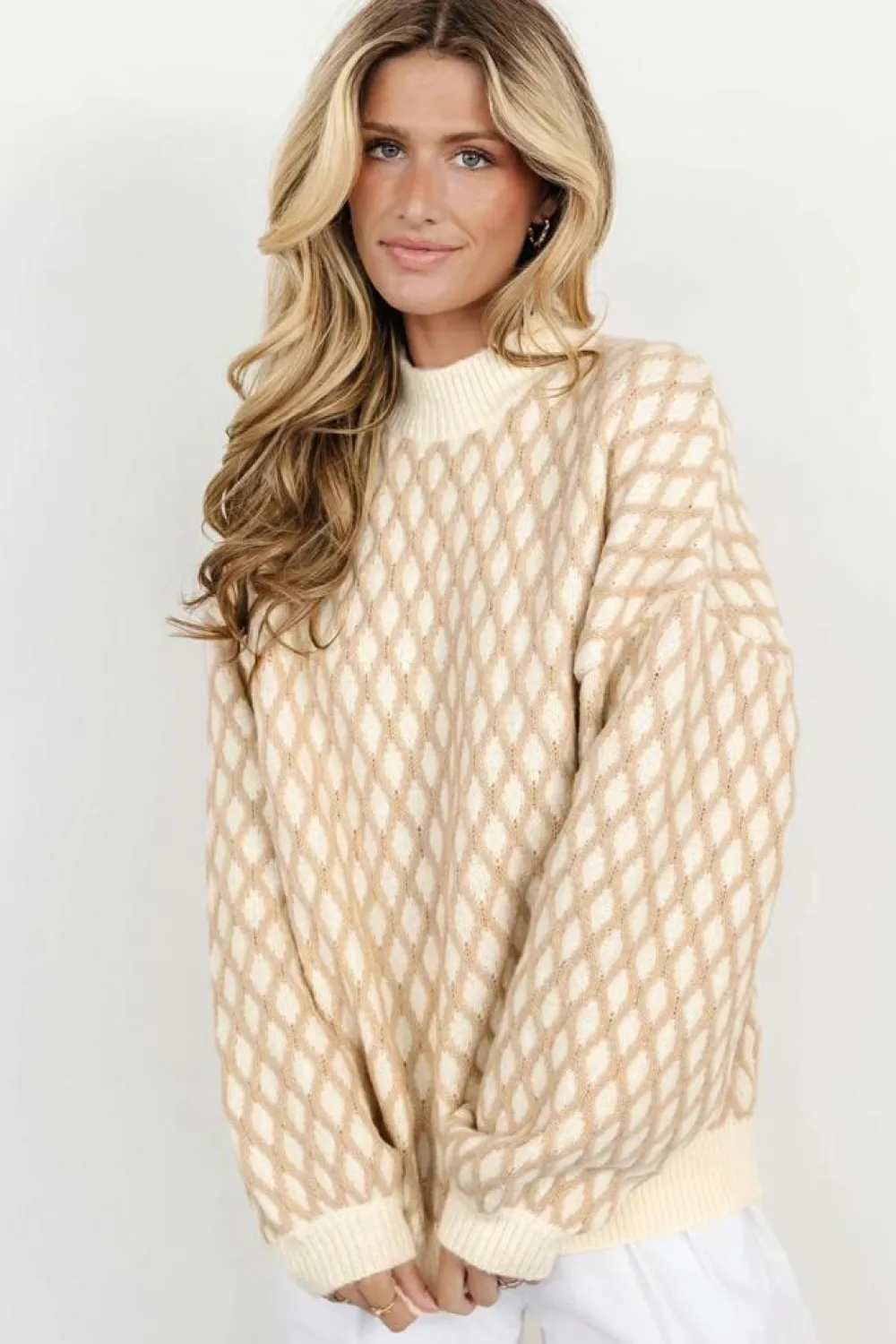 Hot Dear-Lover Diamond Knit Drop Shoulder Loose Sweater Oatmeal