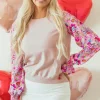 Best Dear-Lover Floral Printed Patchwork Smocked Lantern Sleeve Knit Top Oatmeal