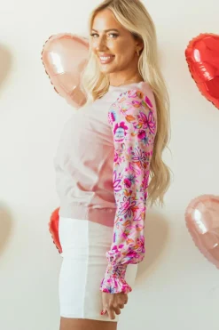 Best Dear-Lover Floral Printed Patchwork Smocked Lantern Sleeve Knit Top Oatmeal
