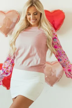 Best Dear-Lover Floral Printed Patchwork Smocked Lantern Sleeve Knit Top Oatmeal