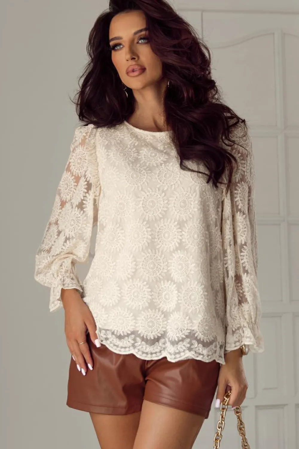 Hot Dear-Lover Flower Jacquard Button Back Ruffled 3/4 Sleeve Blouse Oatmeal