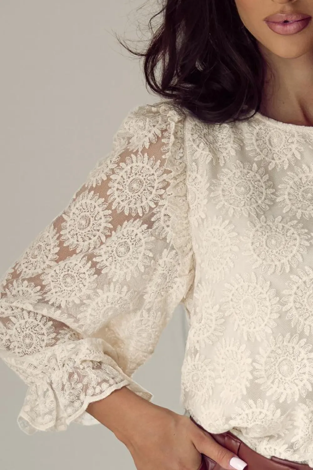 Hot Dear-Lover Flower Jacquard Button Back Ruffled 3/4 Sleeve Blouse Oatmeal