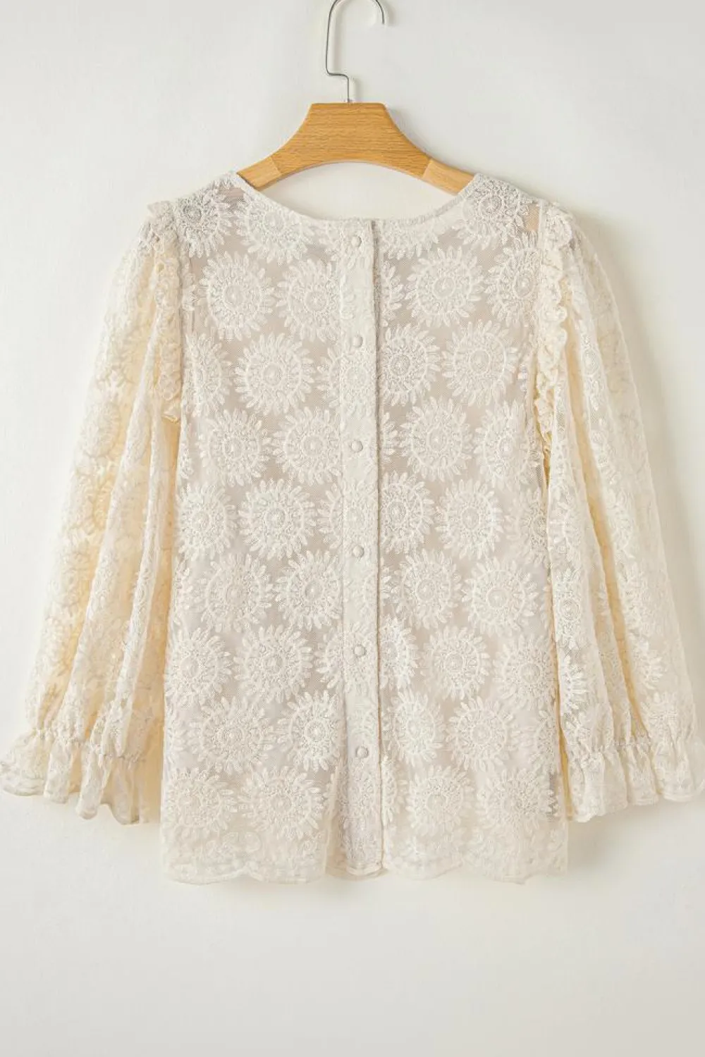 Hot Dear-Lover Flower Jacquard Button Back Ruffled 3/4 Sleeve Blouse Oatmeal