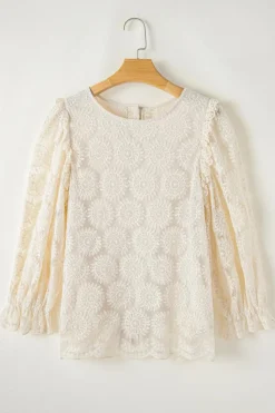 Hot Dear-Lover Flower Jacquard Button Back Ruffled 3/4 Sleeve Blouse Oatmeal