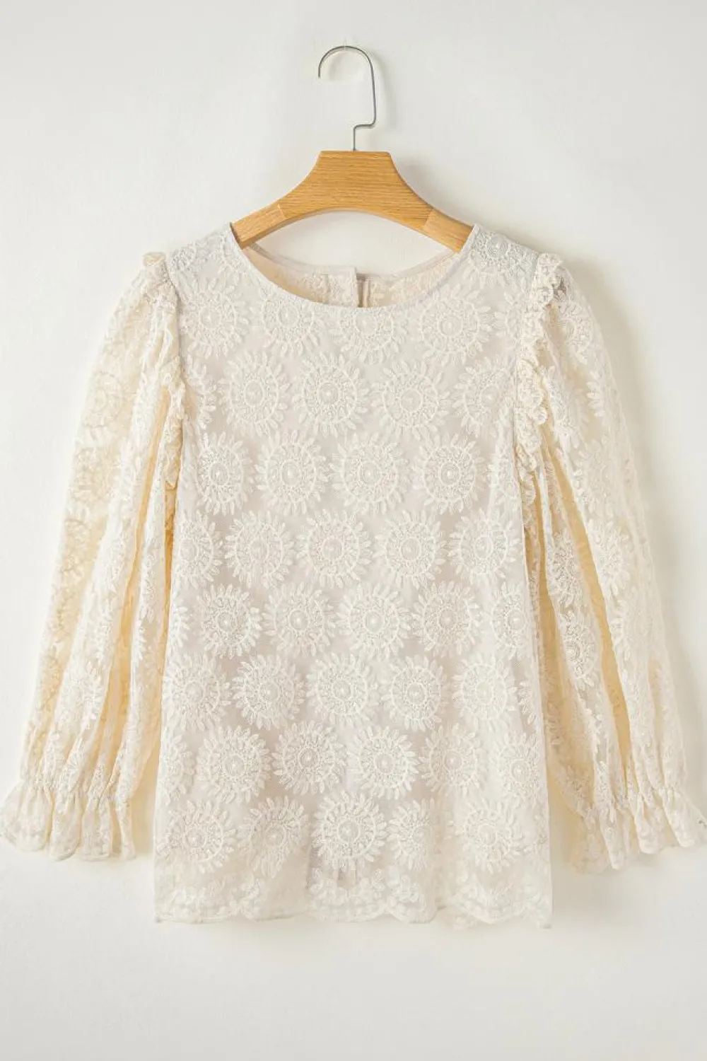 Hot Dear-Lover Flower Jacquard Button Back Ruffled 3/4 Sleeve Blouse Oatmeal