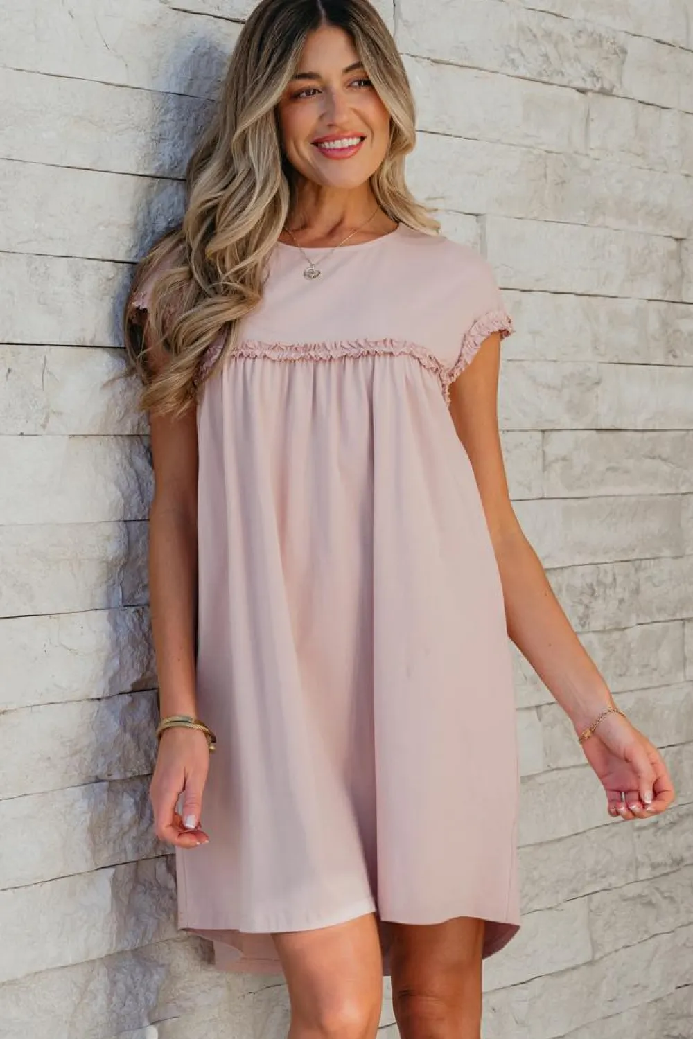 Outlet Dear-Lover Frilled Trim Crew Neck Loose Fit Mini Dress Oatmeal