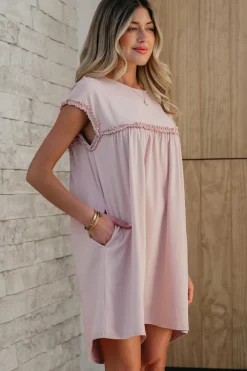Outlet Dear-Lover Frilled Trim Crew Neck Loose Fit Mini Dress Oatmeal