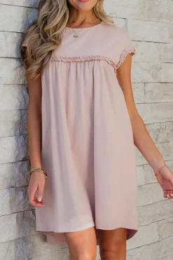 Outlet Dear-Lover Frilled Trim Crew Neck Loose Fit Mini Dress Oatmeal