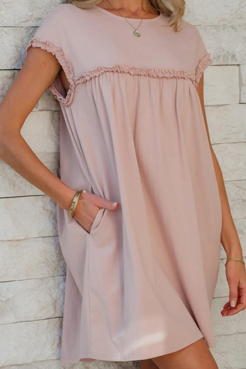 Outlet Dear-Lover Frilled Trim Crew Neck Loose Fit Mini Dress Oatmeal
