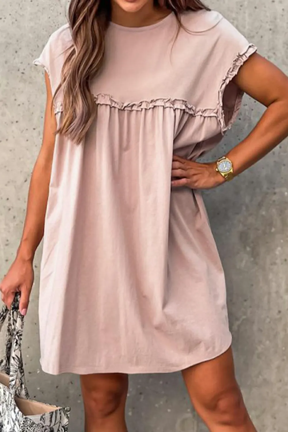 Outlet Dear-Lover Frilled Trim Crew Neck Loose Fit Mini Dress Oatmeal