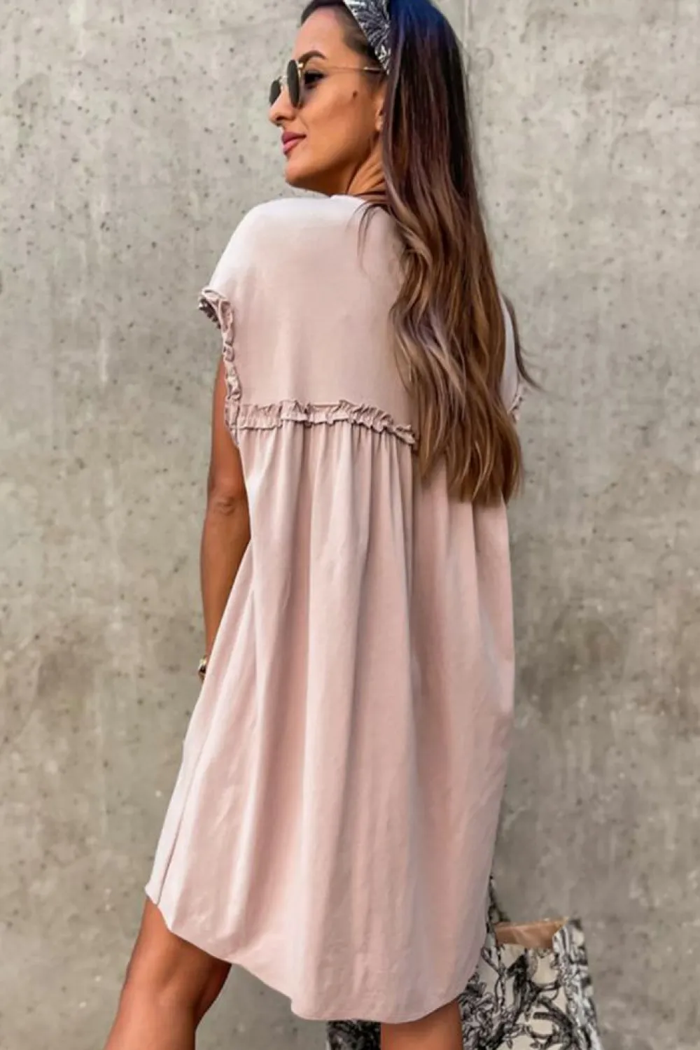 Outlet Dear-Lover Frilled Trim Crew Neck Loose Fit Mini Dress Oatmeal