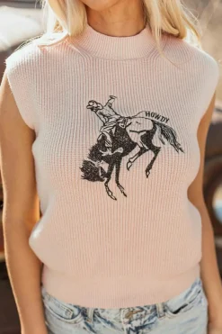 Best Dear-Lover HOWDY Rodeo Cowboy Graphic High Neck Short Sleeve Sweater Oatmeal