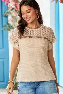 Outlet Dear-Lover Lace Patchwork Waffle Short Sleeve Top Oatmeal
